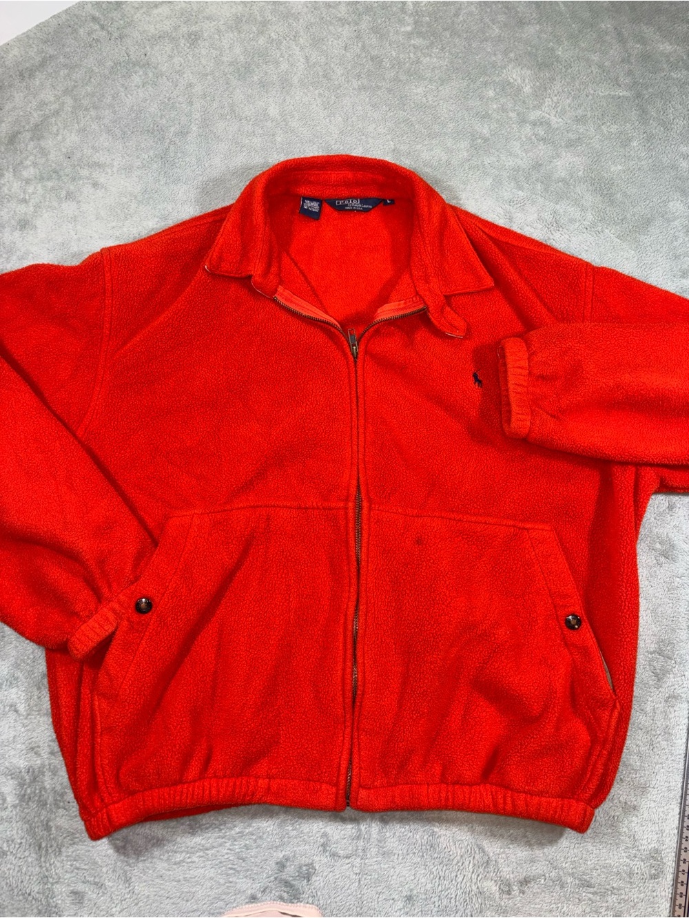 VTG Polo Ralph Lauren Orange Fleece Jacket Made in USA Large Blue Pony